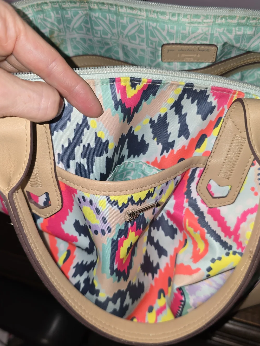 Multicolor Ikat Pattern Weekender Tote Bag with Tan Trim